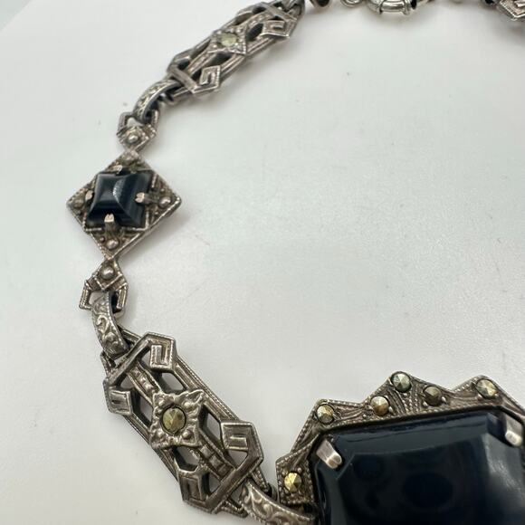 Antique Art Deco sterling silver genuine black onyx marcasite bracelet 7.25" - Picture 3 of 8